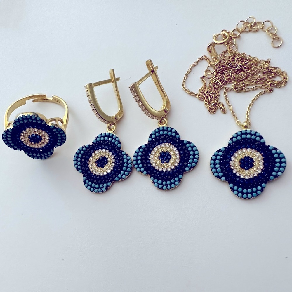 🧿925 Silver evileye set turquoise and cz stones 18k yellow gold plated